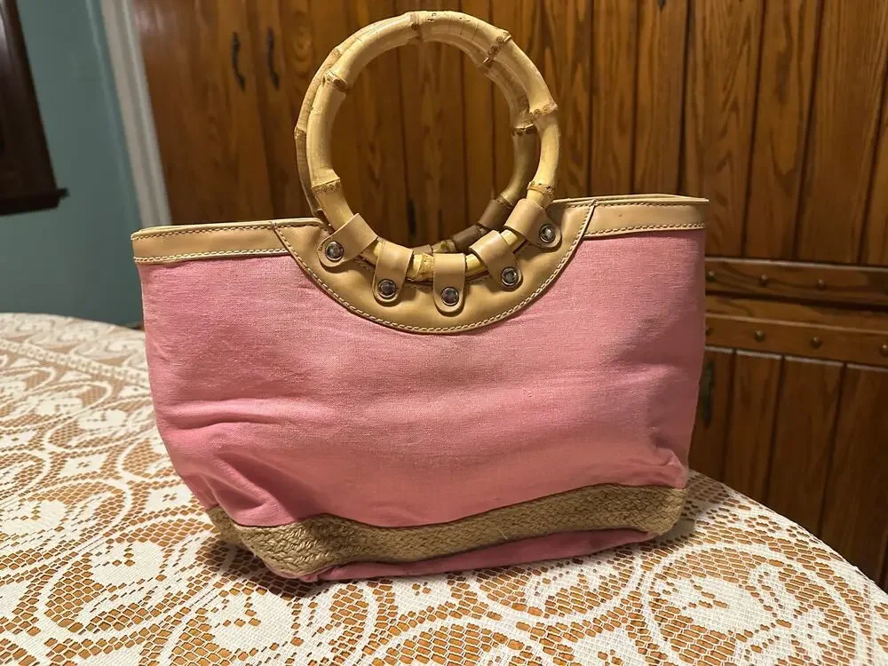 Vintage Y2K Bamboo Handle Tote Bag Pink Canvas Jute Straw Trim Summer Resort